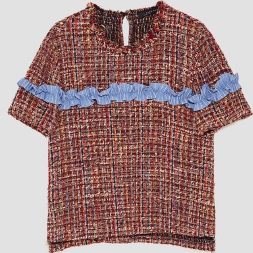 ZARA Tweed Top With Contrasting Ruffle - Picture 5 of 6